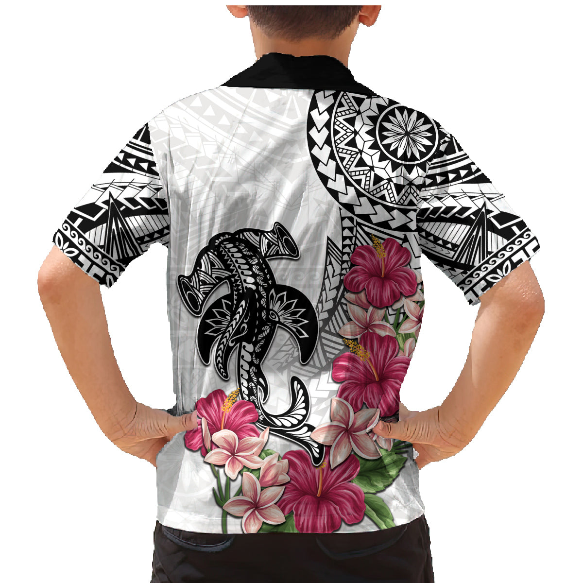 White Polynesian Hammerhead Shark Tribal Pattern Family Matching Mermaid Dress and Hawaiian Shirt
