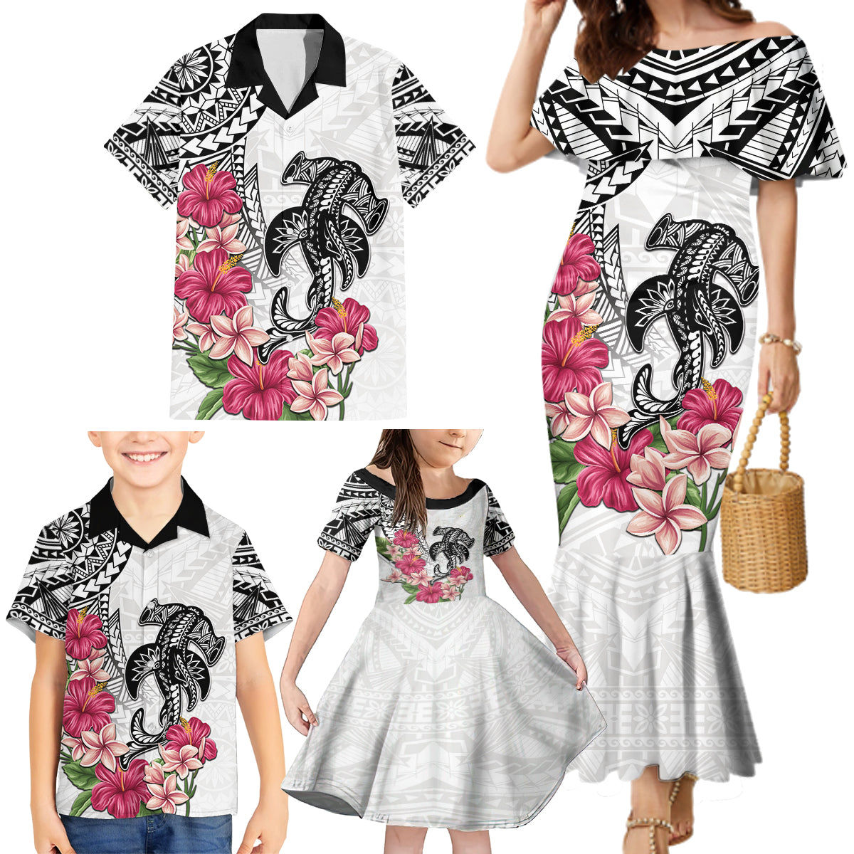 White Polynesian Hammerhead Shark Tribal Pattern Family Matching Mermaid Dress and Hawaiian Shirt