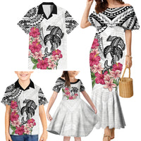 White Polynesian Hammerhead Shark Tribal Pattern Family Matching Mermaid Dress and Hawaiian Shirt