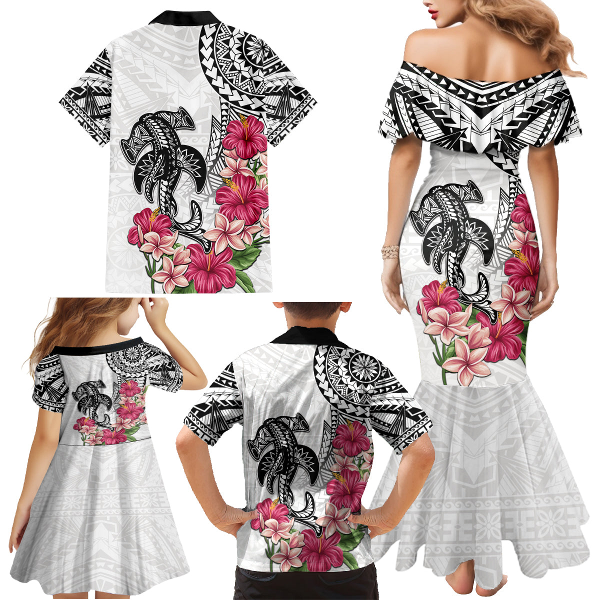 White Polynesian Hammerhead Shark Tribal Pattern Family Matching Mermaid Dress and Hawaiian Shirt