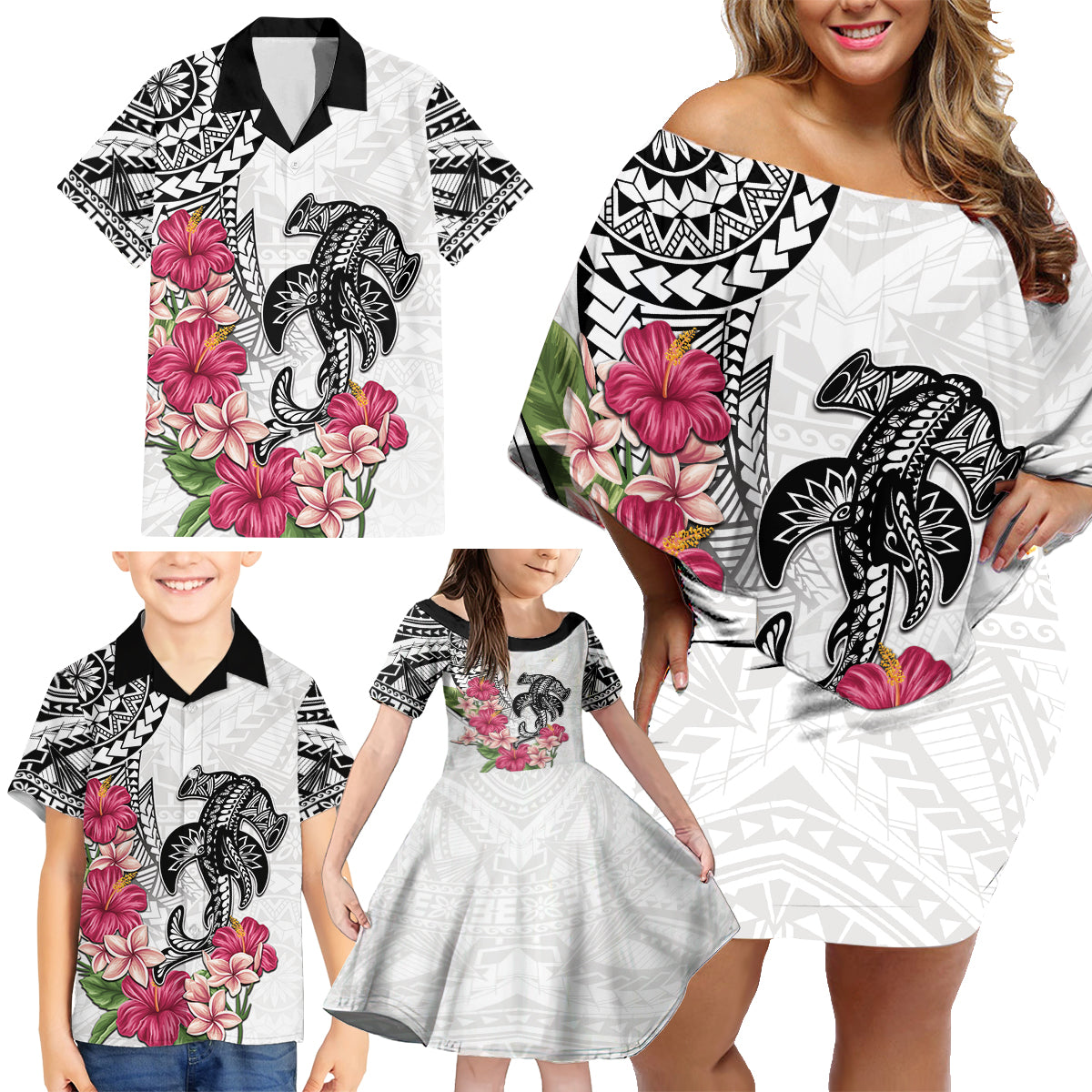 White Polynesian Hammerhead Shark Tribal Pattern Family Matching Off Shoulder Short Dress and Hawaiian Shirt