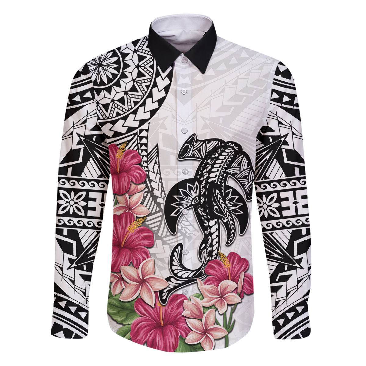 White Polynesian Hammerhead Shark Tribal Pattern Family Matching Off Shoulder Short Dress and Hawaiian Shirt