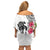 White Polynesian Hammerhead Shark Tribal Pattern Family Matching Off Shoulder Short Dress and Hawaiian Shirt