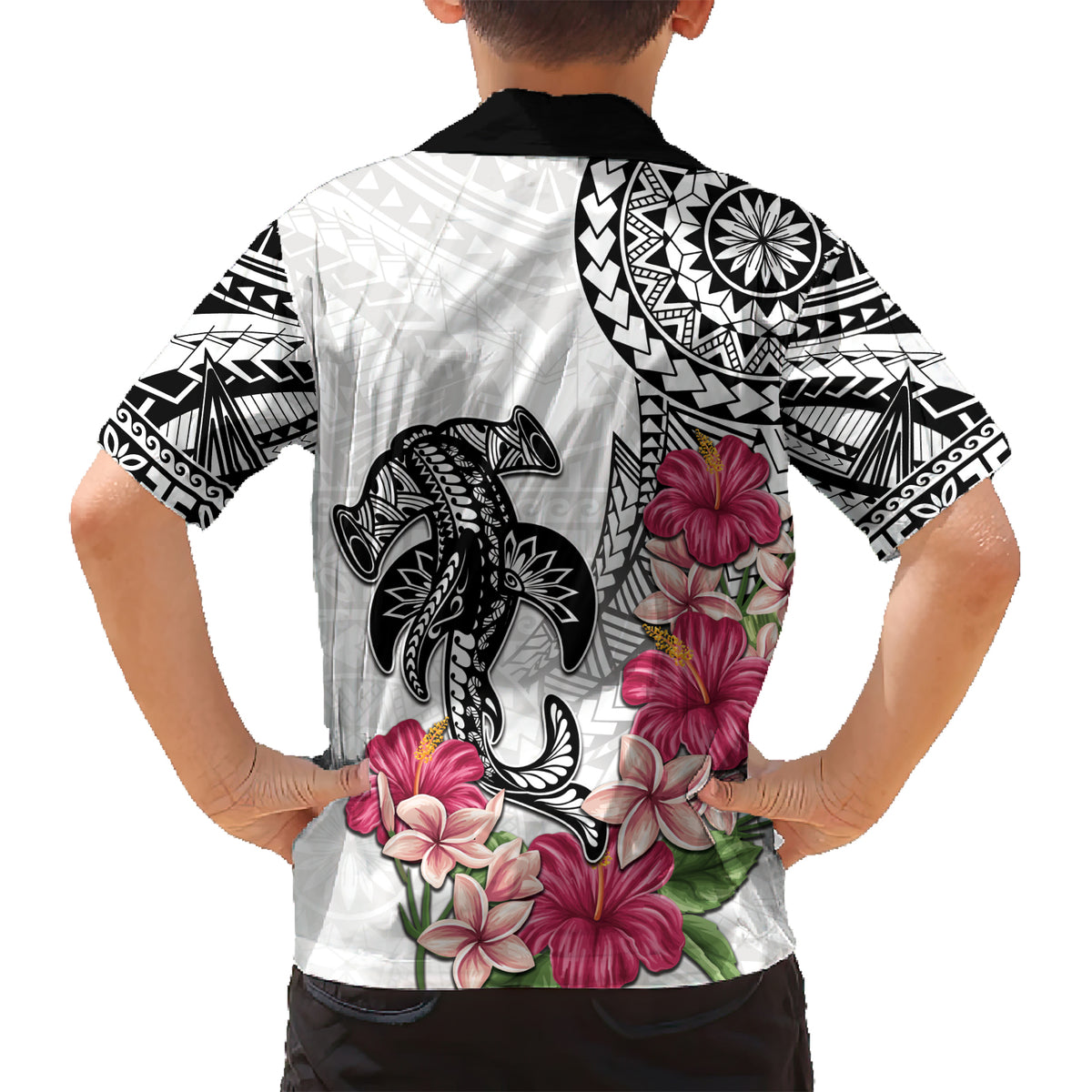 White Polynesian Hammerhead Shark Tribal Pattern Family Matching Short Sleeve Bodycon Dress and Hawaiian Shirt
