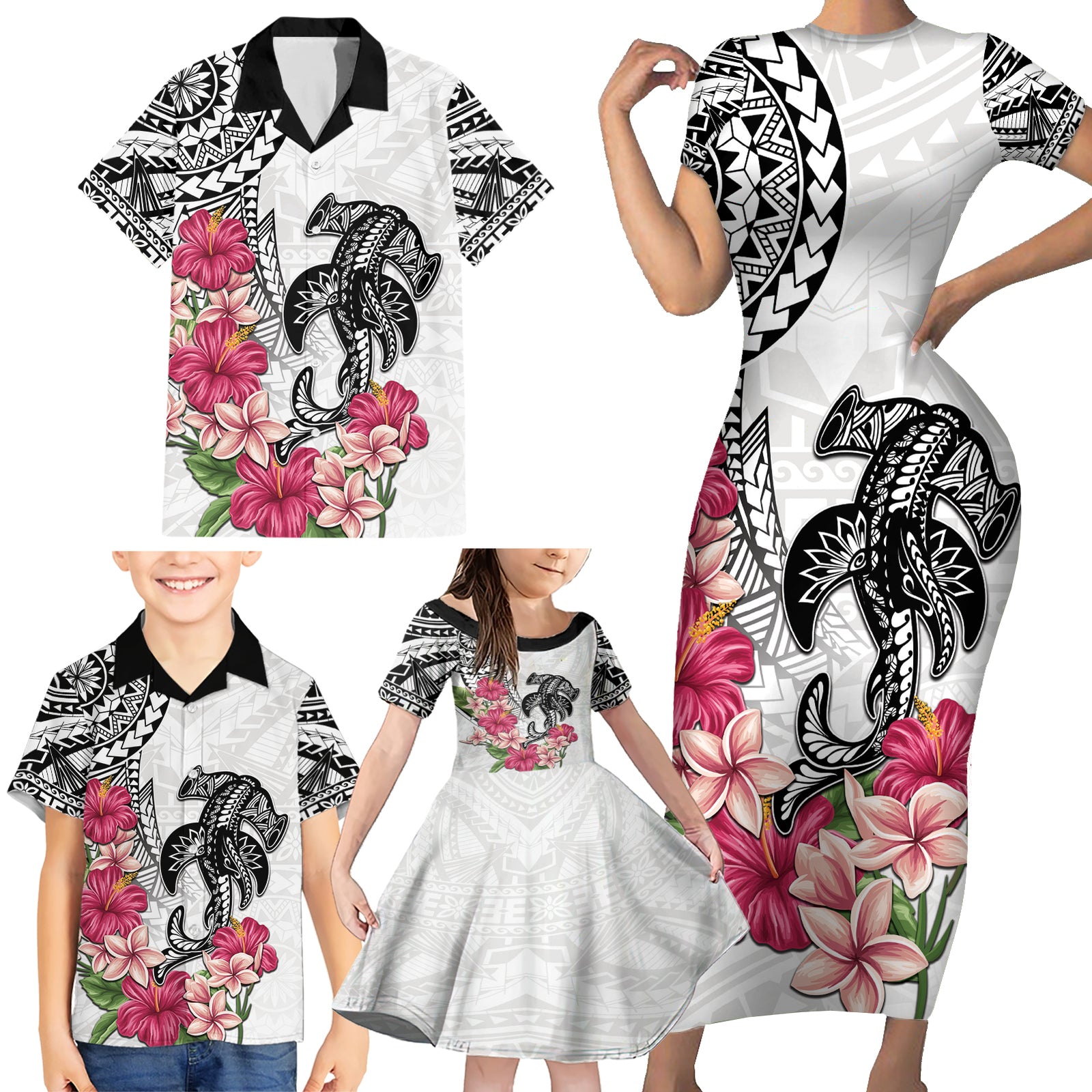White Polynesian Hammerhead Shark Tribal Pattern Family Matching Short Sleeve Bodycon Dress and Hawaiian Shirt LT05 - Polynesian Pride