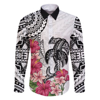 White Polynesian Hammerhead Shark Tribal Pattern Family Matching Tank Maxi Dress and Hawaiian Shirt