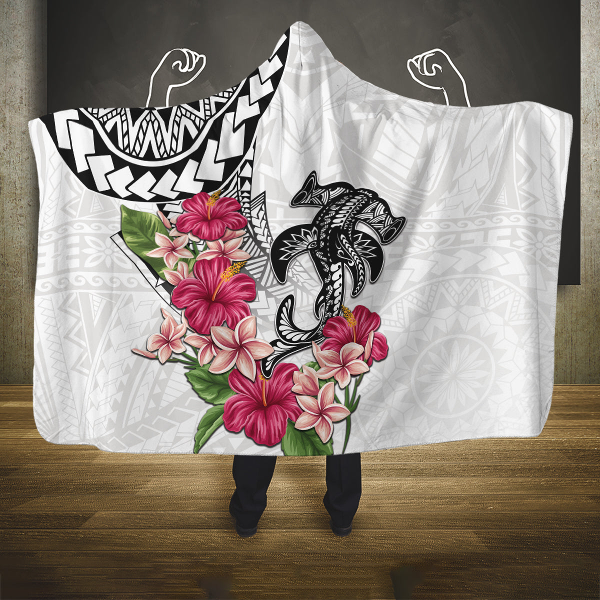 White Polynesian Hammerhead Shark Tribal Pattern Hooded Blanket