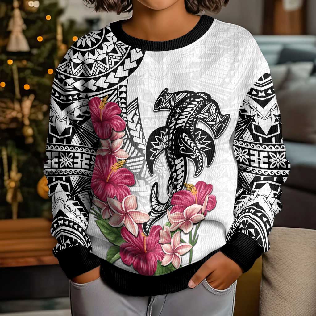 White Polynesian Hammerhead Shark Tribal Pattern Kid Ugly Christmas Sweater