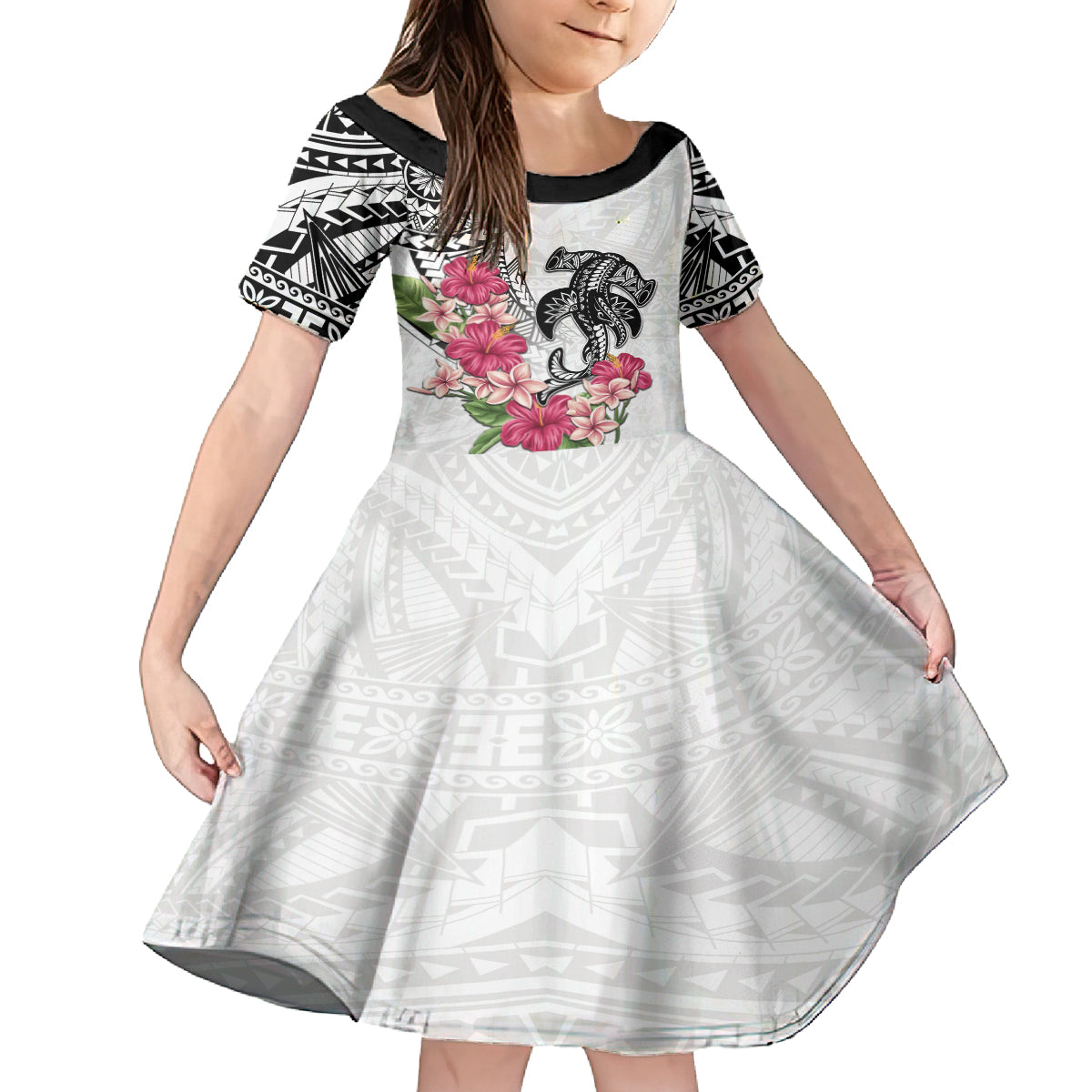 White Polynesian Hammerhead Shark Tribal Pattern Kid Short Sleeve Dress LT05 KID White - Polynesian Pride