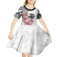 White Polynesian Hammerhead Shark Tribal Pattern Kid Short Sleeve Dress
