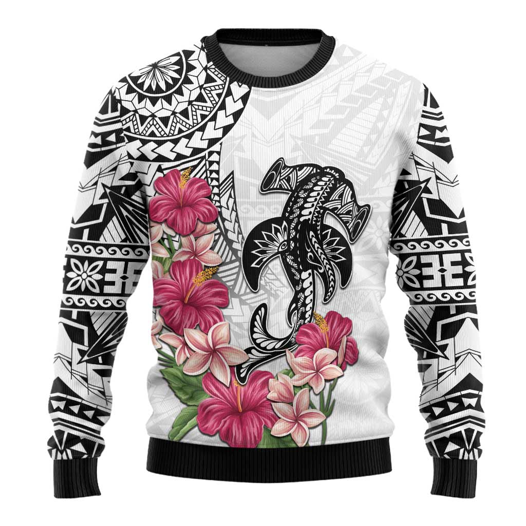 White Polynesian Hammerhead Shark Tribal Pattern Ugly Christmas Sweater