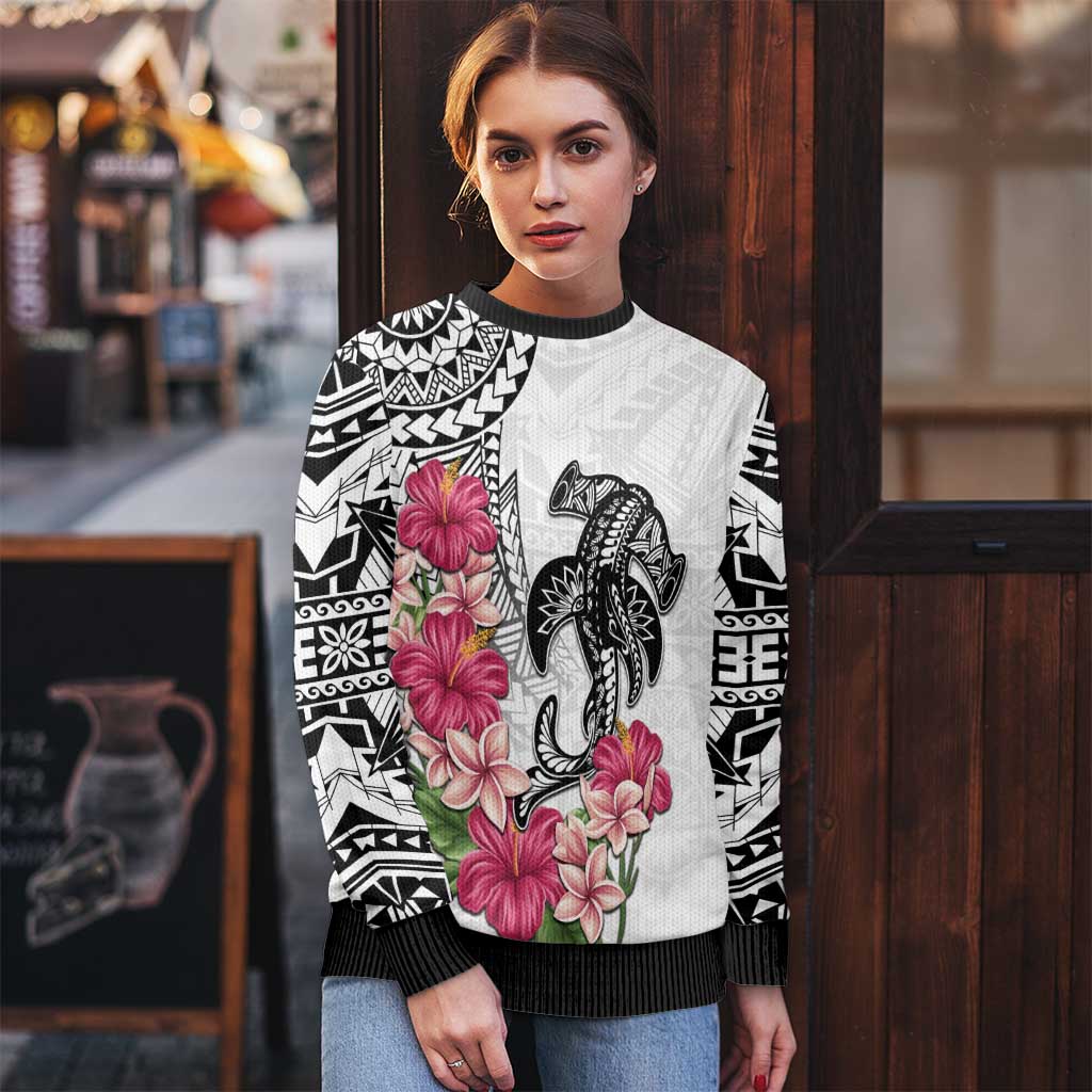 White Polynesian Hammerhead Shark Tribal Pattern Ugly Christmas Sweater