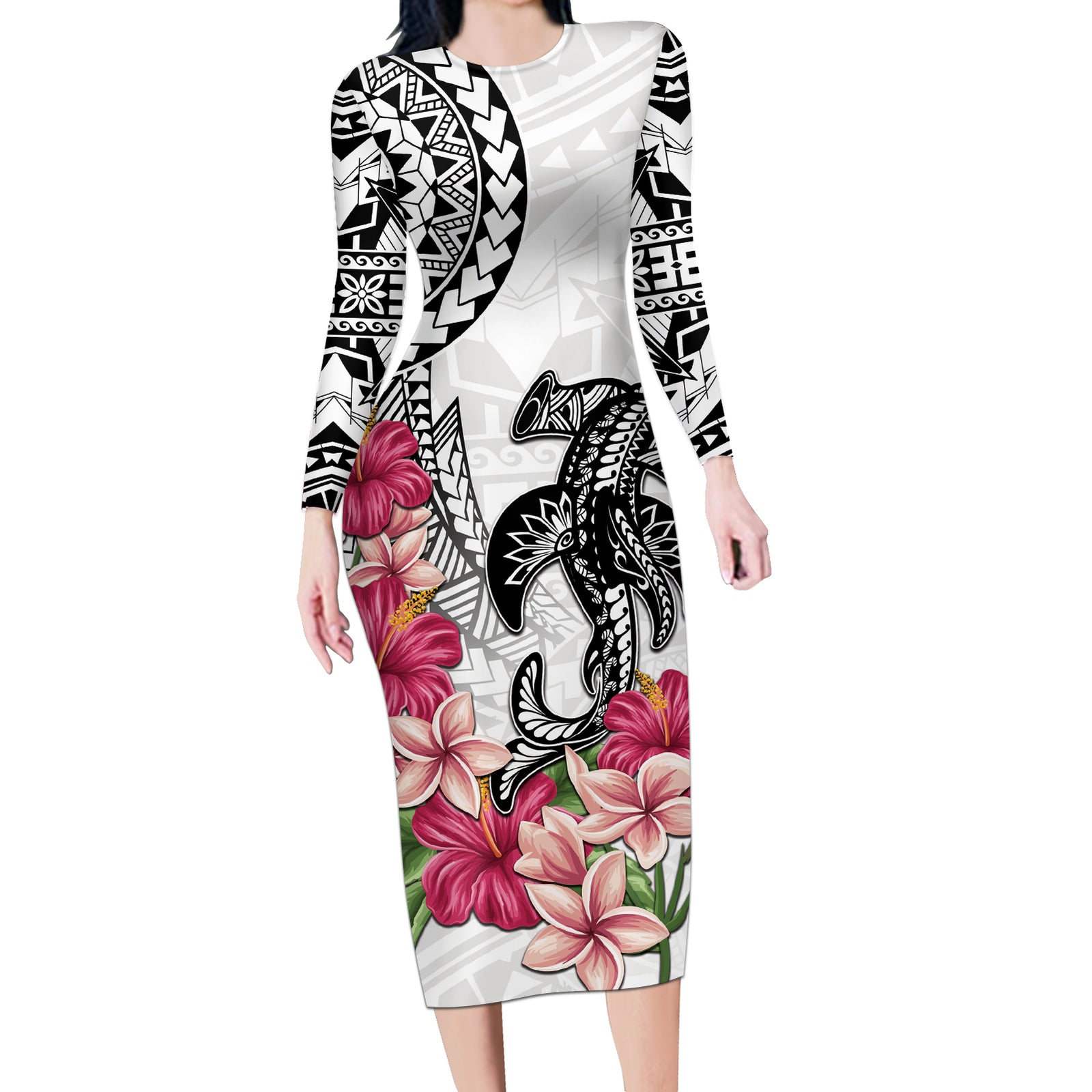 White Polynesian Hammerhead Shark Tribal Pattern Long Sleeve Bodycon Dress LT05 Long Dress White - Polynesian Pride