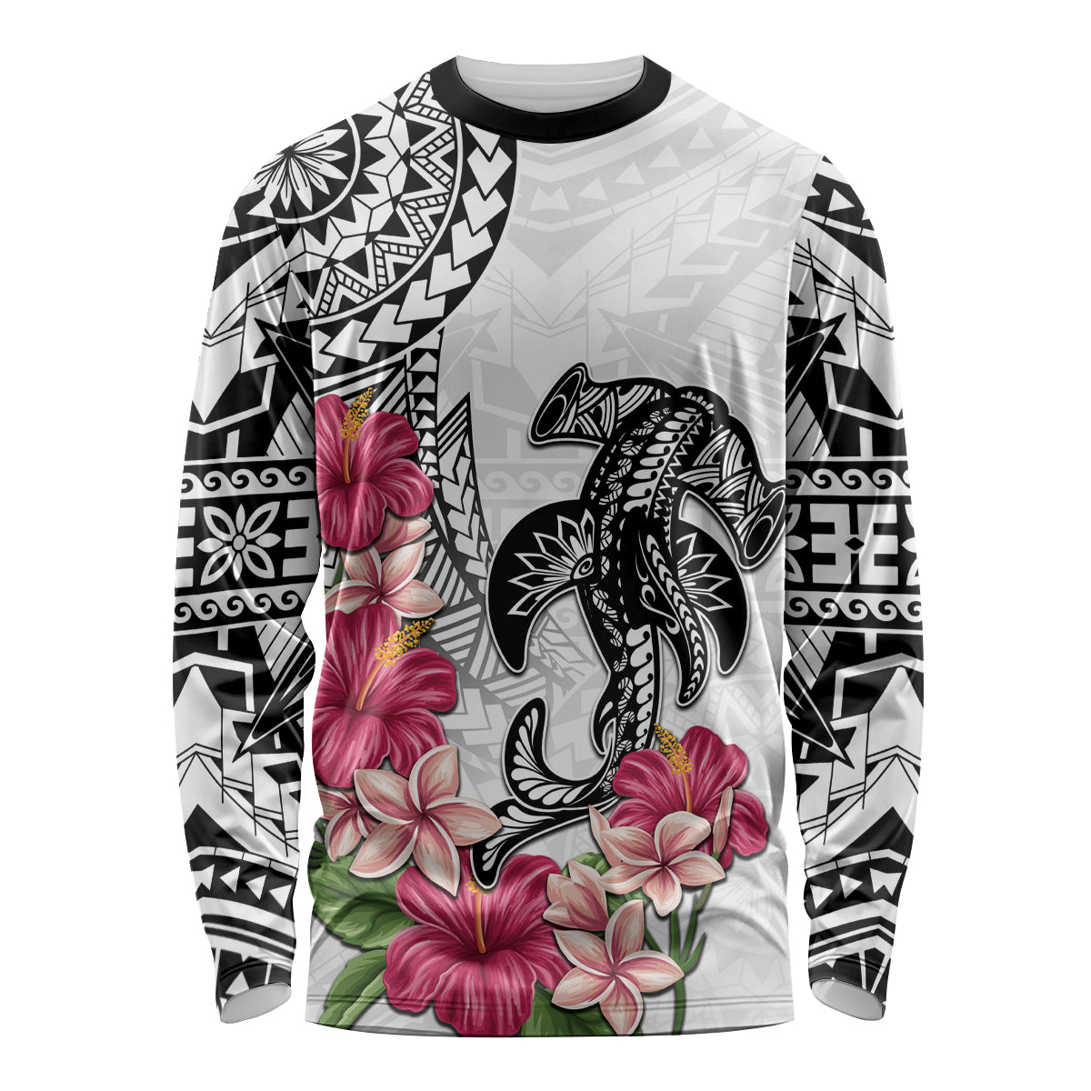 White Polynesian Hammerhead Shark Tribal Pattern Long Sleeve Shirt LT05 Unisex White - Polynesian Pride