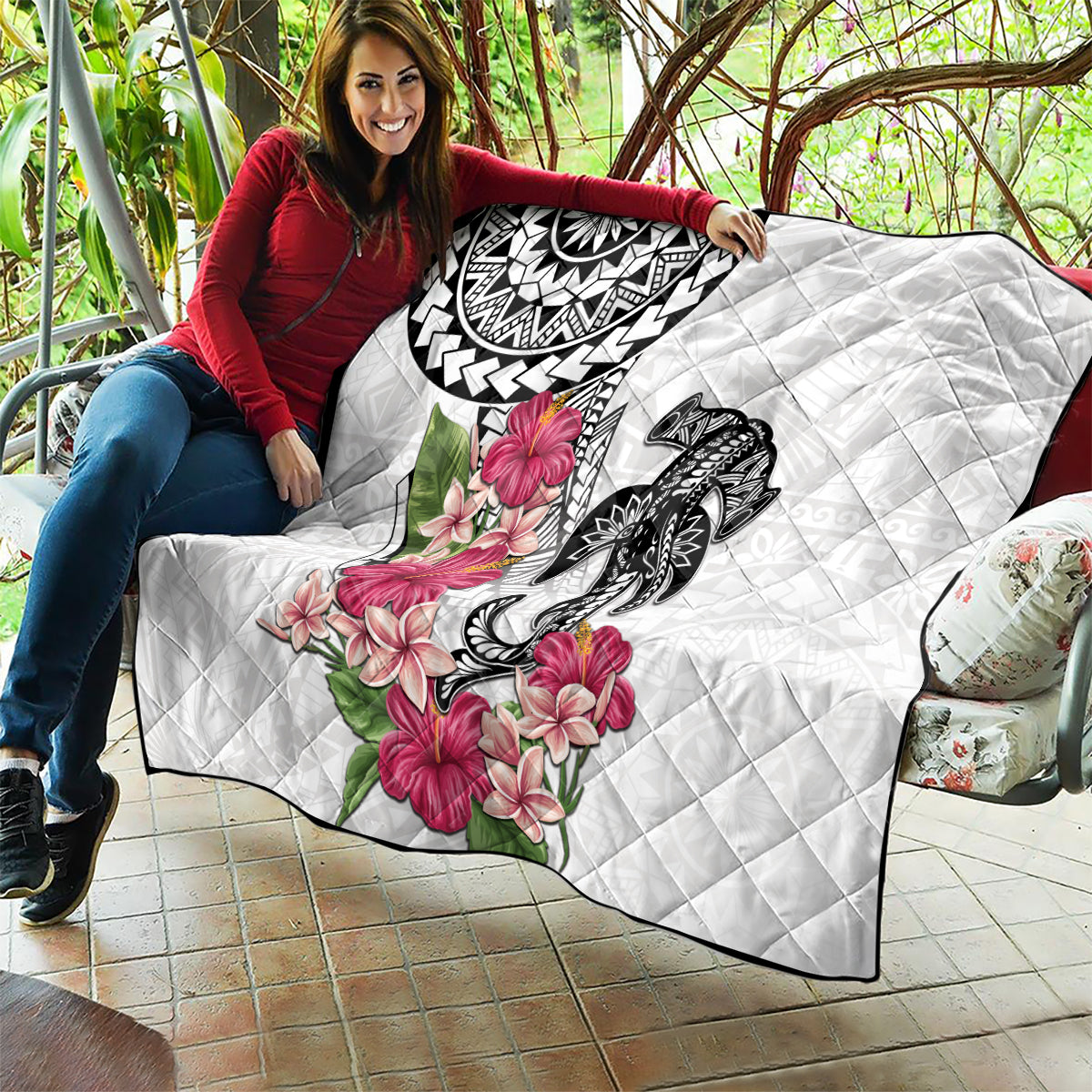 White Polynesian Hammerhead Shark Tribal Pattern Quilt