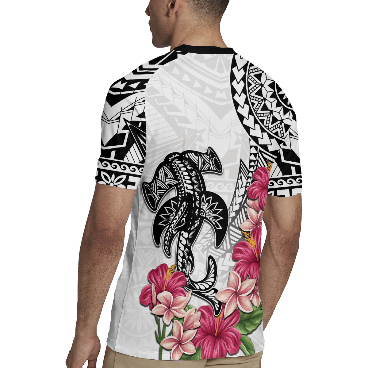 White Polynesian Hammerhead Shark Tribal Pattern Rugby Jersey