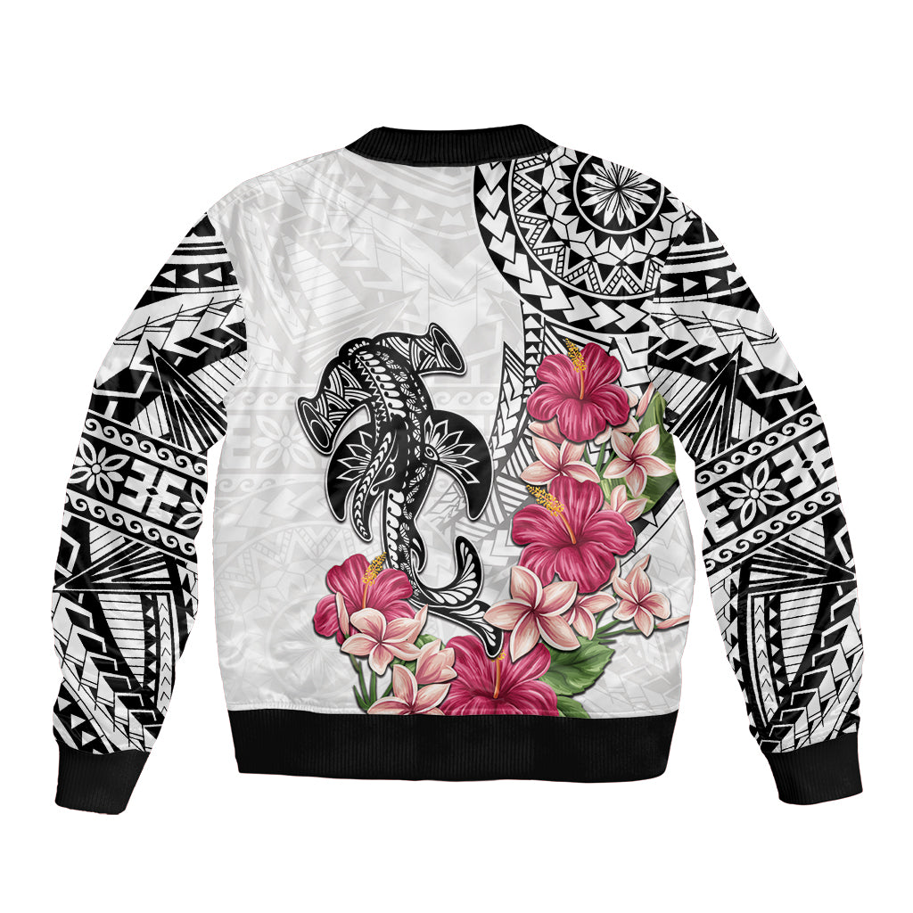 White Polynesian Hammerhead Shark Tribal Pattern Sleeve Zip Bomber Jacket