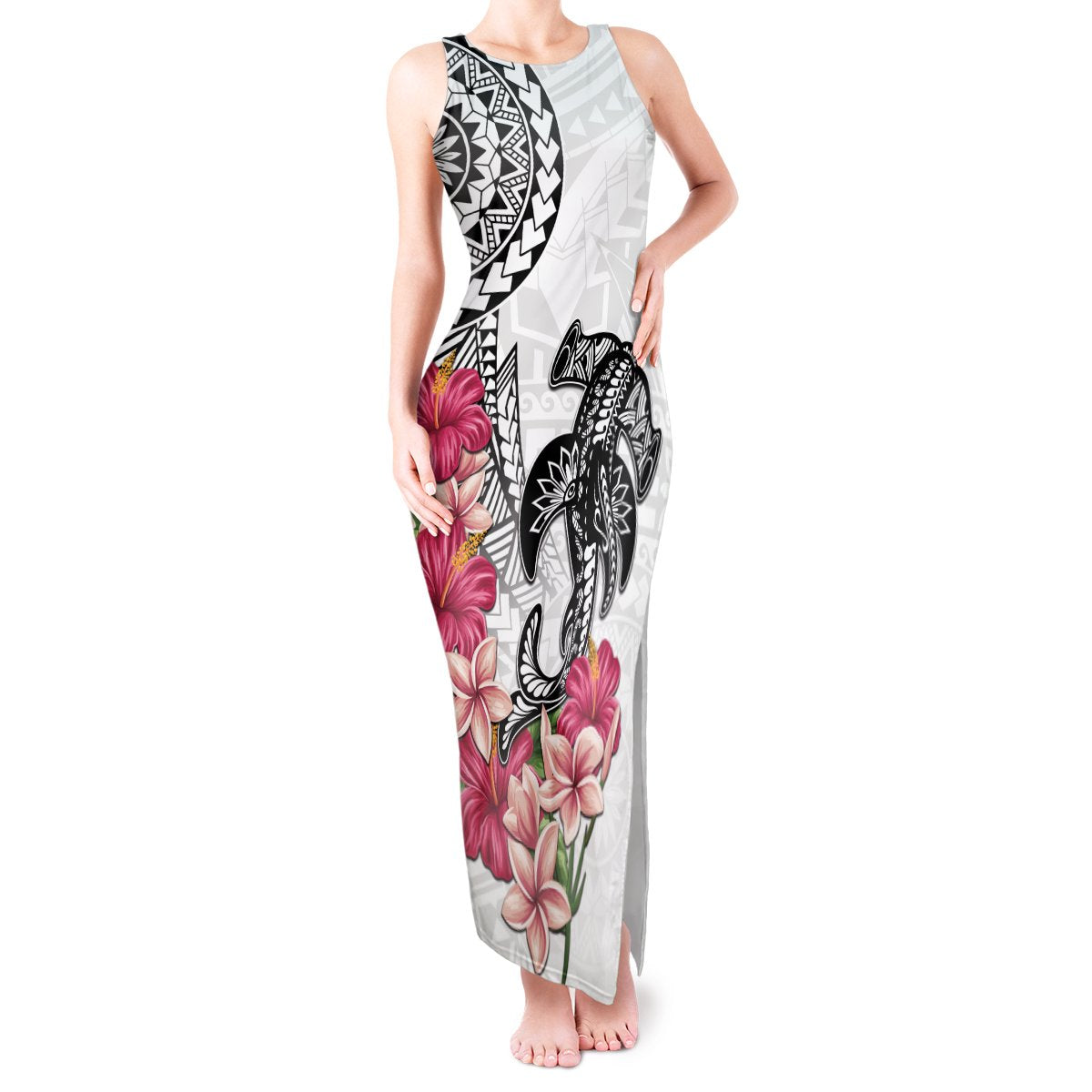 White Polynesian Hammerhead Shark Tribal Pattern Tank Maxi Dress LT05 Women White - Polynesian Pride