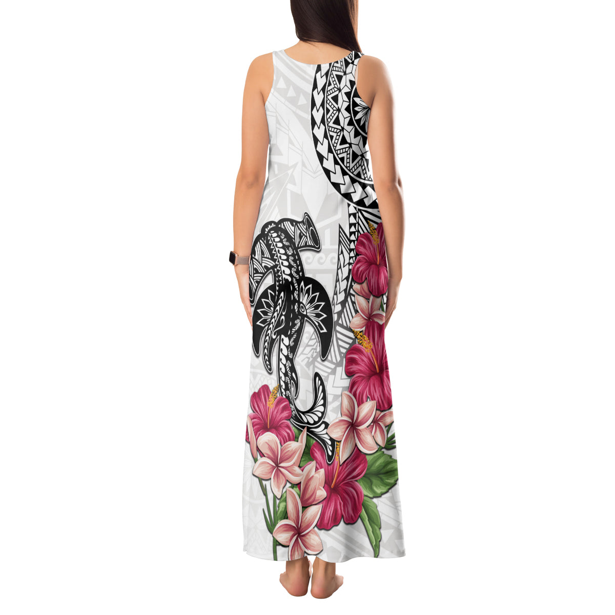 White Polynesian Hammerhead Shark Tribal Pattern Tank Maxi Dress