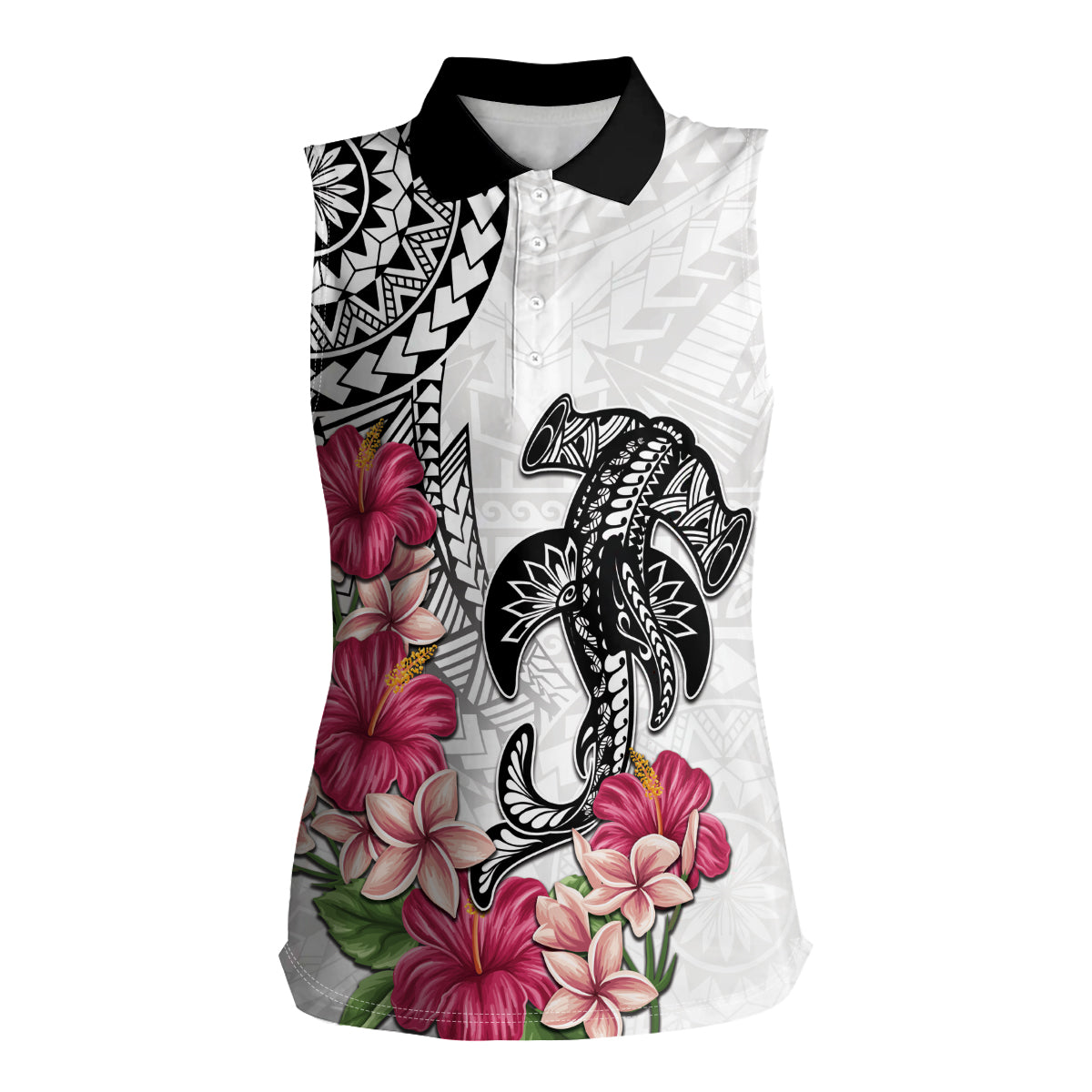 White Polynesian Hammerhead Shark Tribal Pattern Women Sleeveless Polo Shirt LT05 Female White - Polynesian Pride