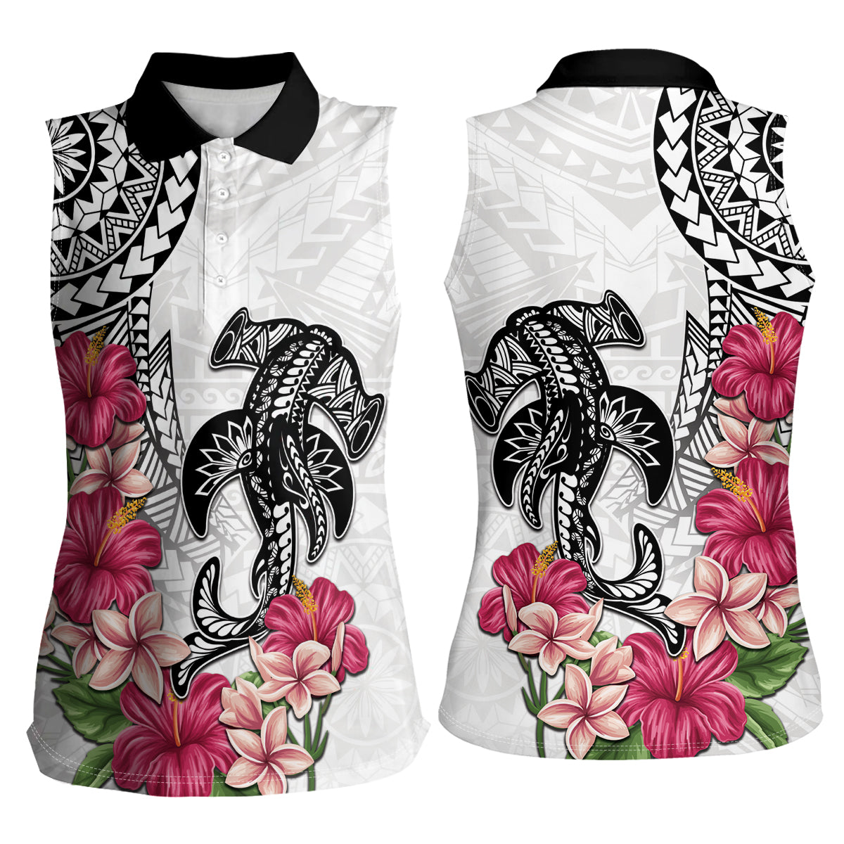 White Polynesian Hammerhead Shark Tribal Pattern Women Sleeveless Polo Shirt