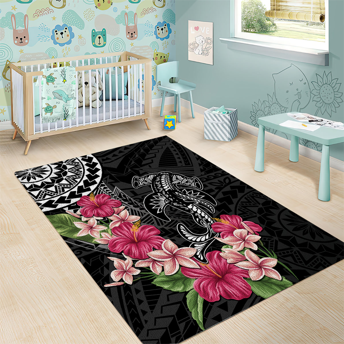 Black Polynesian Hammerhead Shark Tribal Pattern Area Rug