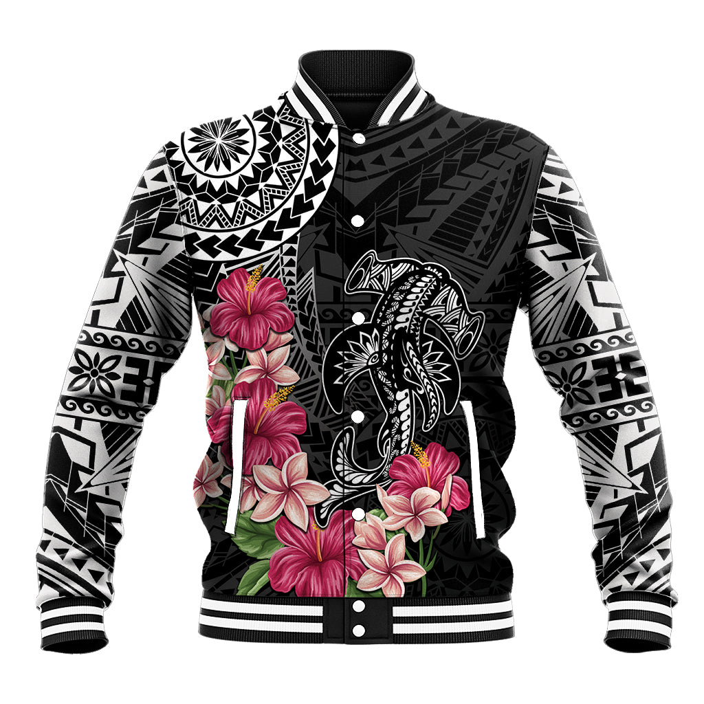 Black Polynesian Hammerhead Shark Tribal Pattern Baseball Jacket