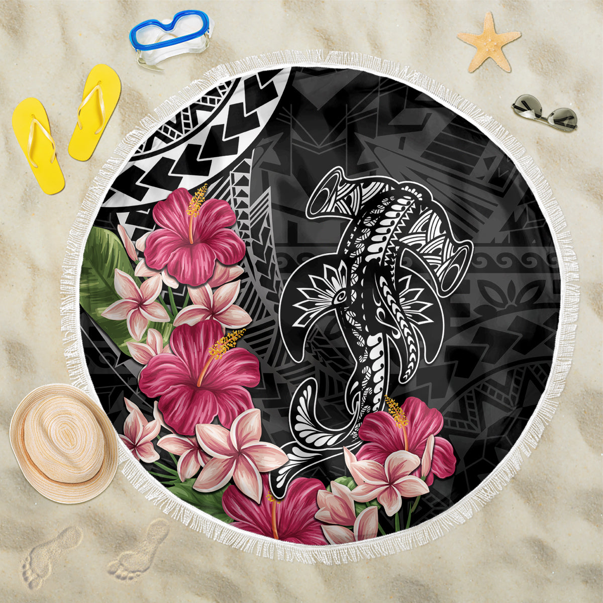 Black Polynesian Hammerhead Shark Tribal Pattern Beach Blanket