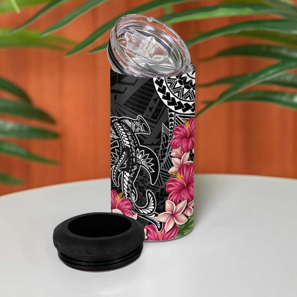 Black Polynesian Hammerhead Shark Tribal Pattern 4 in 1 Can Cooler Tumbler