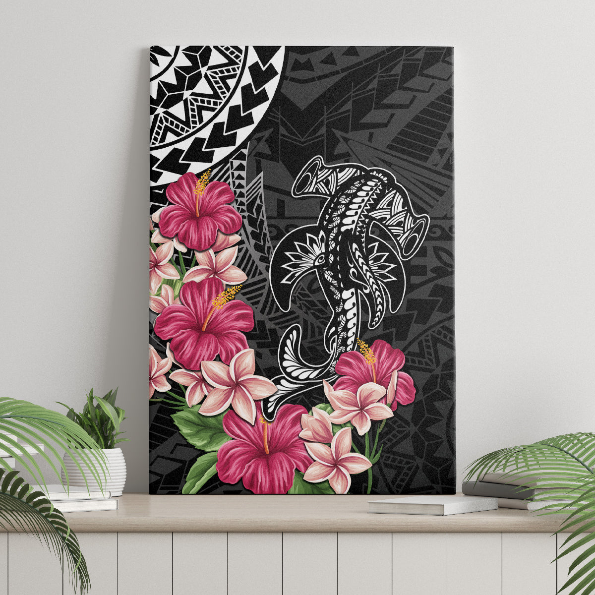 Black Polynesian Hammerhead Shark Tribal Pattern Canvas Wall Art