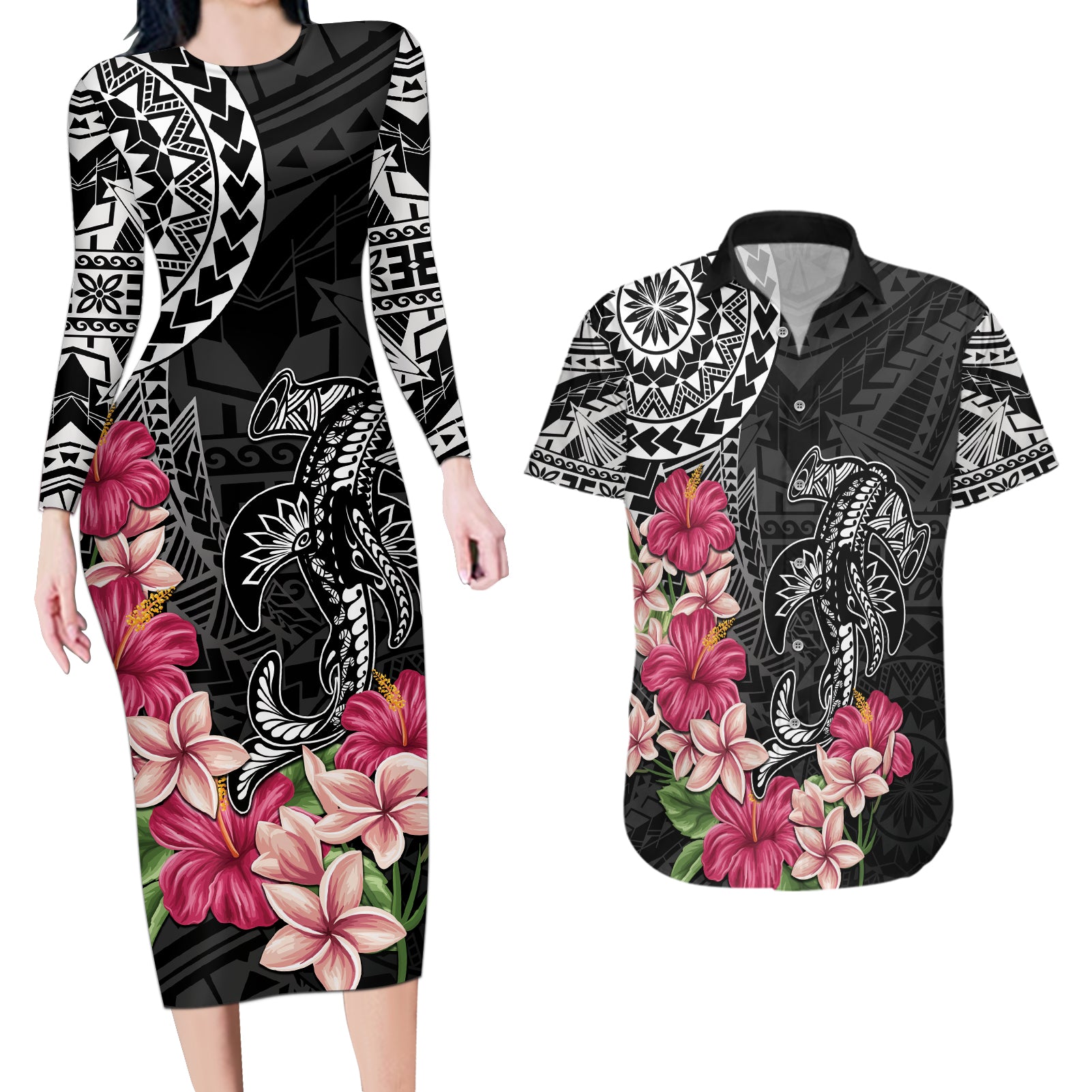 Black Polynesian Hammerhead Shark Tribal Pattern Couples Matching Long Sleeve Bodycon Dress and Hawaiian Shirt