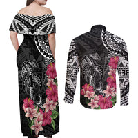 Black Polynesian Hammerhead Shark Tribal Pattern Couples Matching Off Shoulder Maxi Dress and Long Sleeve Button Shirt LT05 - Polynesian Pride