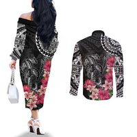 Black Polynesian Hammerhead Shark Tribal Pattern Couples Matching Off The Shoulder Long Sleeve Dress and Long Sleeve Button Shirt
