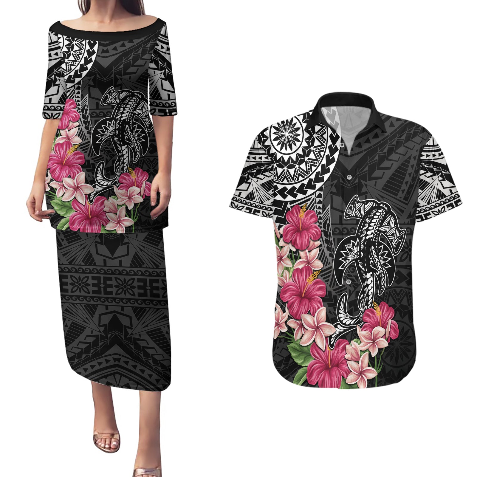 Black Polynesian Hammerhead Shark Tribal Pattern Couples Matching Puletasi and Hawaiian Shirt