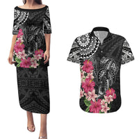 Black Polynesian Hammerhead Shark Tribal Pattern Couples Matching Puletasi and Hawaiian Shirt