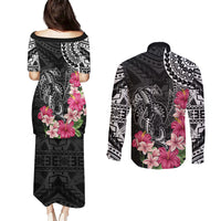 Black Polynesian Hammerhead Shark Tribal Pattern Couples Matching Puletasi and Long Sleeve Button Shirt