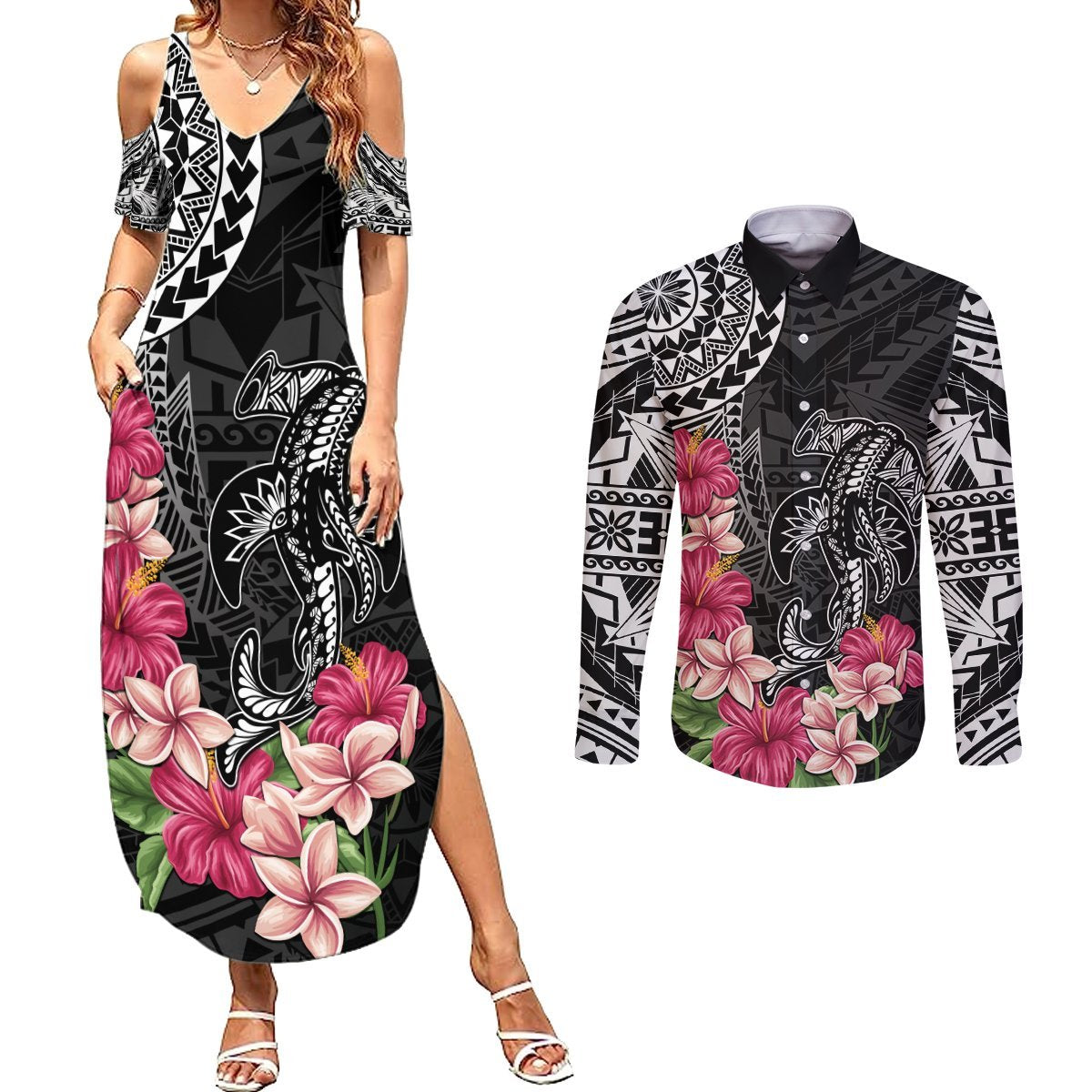 Black Polynesian Hammerhead Shark Tribal Pattern Couples Matching Summer Maxi Dress and Long Sleeve Button Shirt LT05 Black - Polynesian Pride