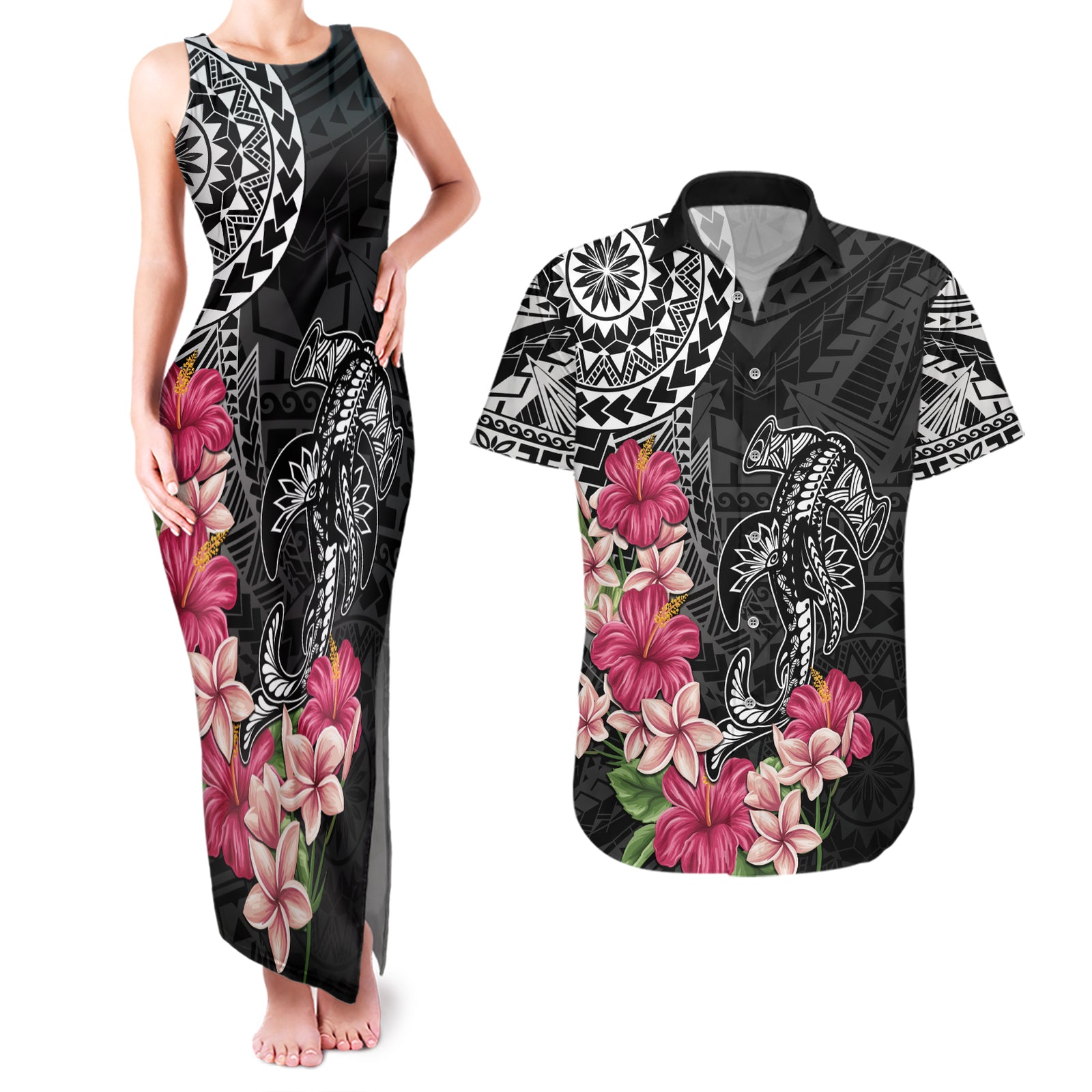 Black Polynesian Hammerhead Shark Tribal Pattern Couples Matching Tank Maxi Dress and Hawaiian Shirt LT05 Black - Polynesian Pride