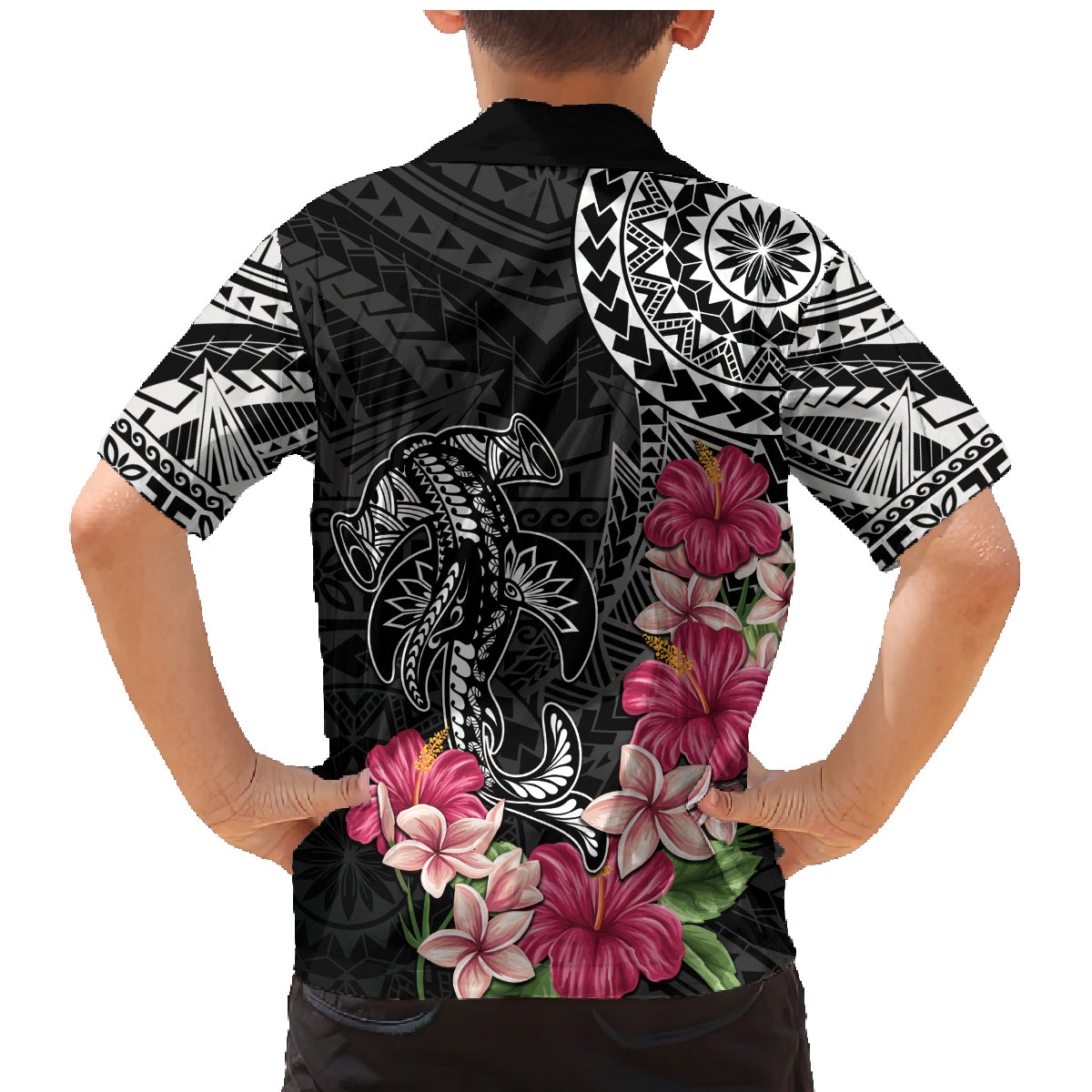 Black Polynesian Hammerhead Shark Tribal Pattern Family Matching Mermaid Dress and Hawaiian Shirt