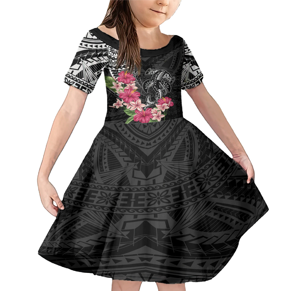 Black Polynesian Hammerhead Shark Tribal Pattern Family Matching Mermaid Dress and Hawaiian Shirt