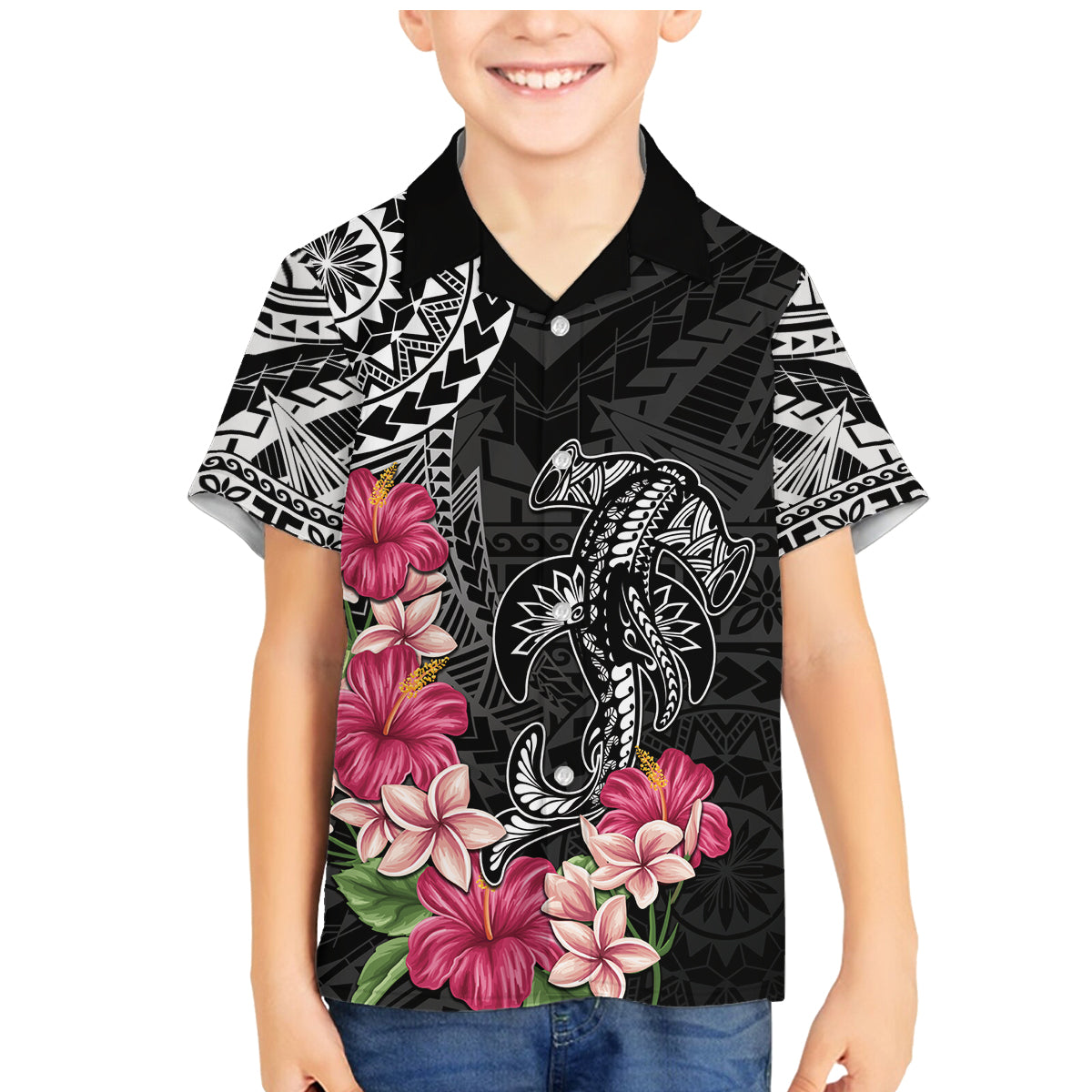 Black Polynesian Hammerhead Shark Tribal Pattern Family Matching Mermaid Dress and Hawaiian Shirt