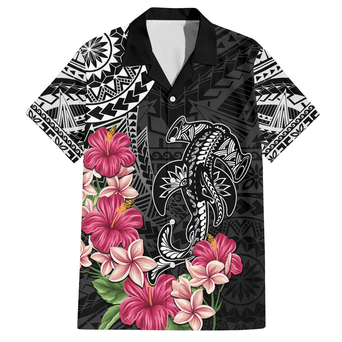 Black Polynesian Hammerhead Shark Tribal Pattern Family Matching Off The Shoulder Long Sleeve Dress and Hawaiian Shirt