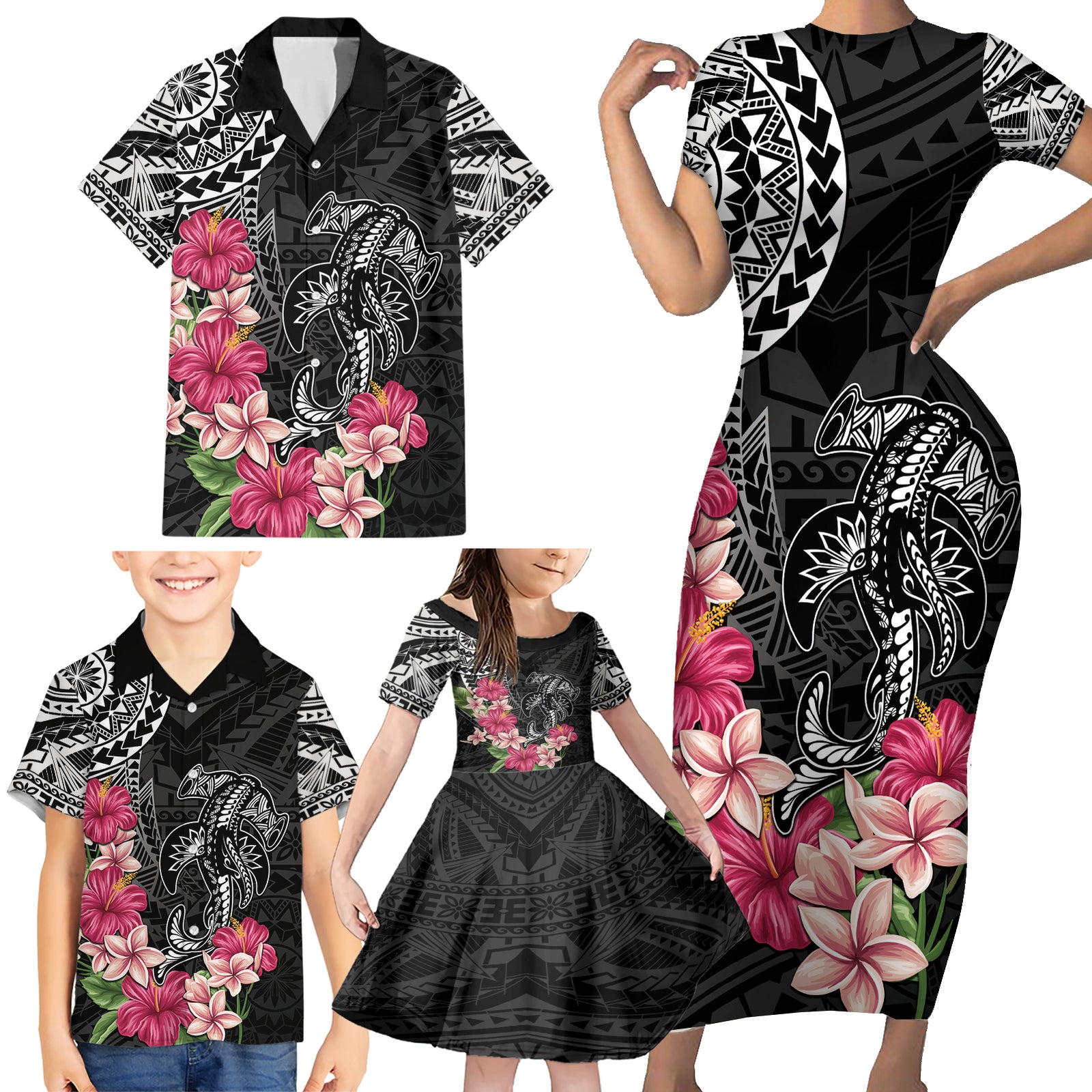 Black Polynesian Hammerhead Shark Tribal Pattern Family Matching Short Sleeve Bodycon Dress and Hawaiian Shirt LT05 - Polynesian Pride