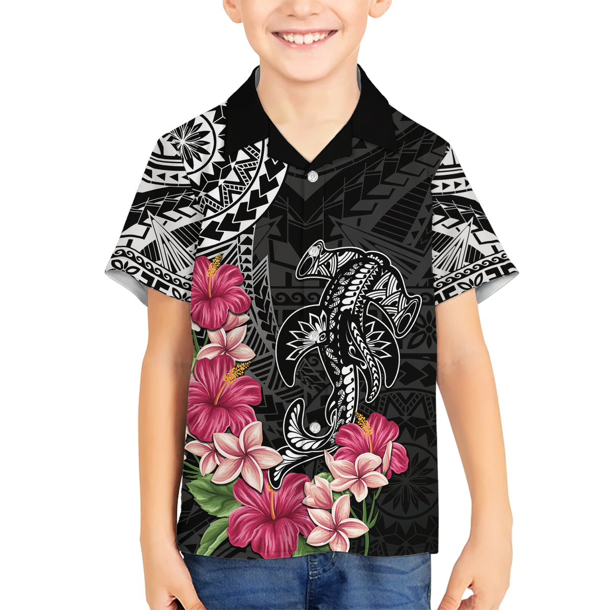 Black Polynesian Hammerhead Shark Tribal Pattern Family Matching Short Sleeve Bodycon Dress and Hawaiian Shirt
