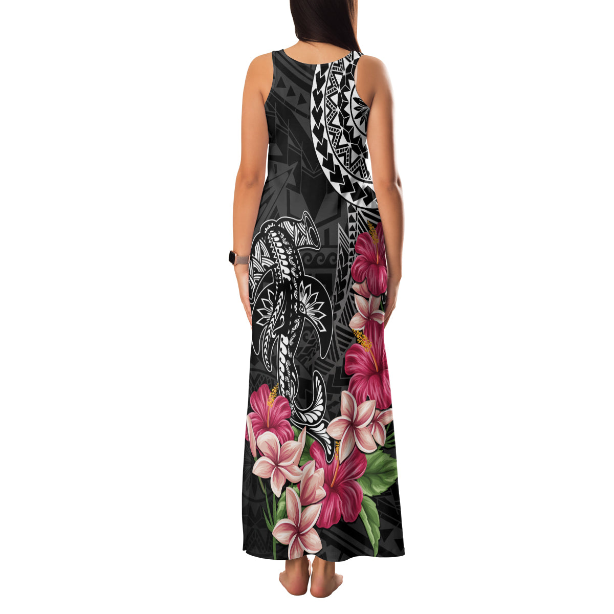 Black Polynesian Hammerhead Shark Tribal Pattern Family Matching Tank Maxi Dress and Hawaiian Shirt