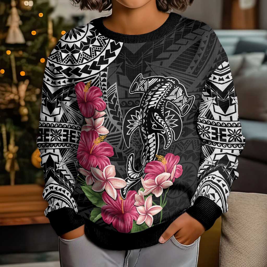 Black Polynesian Hammerhead Shark Tribal Pattern Kid Ugly Christmas Sweater
