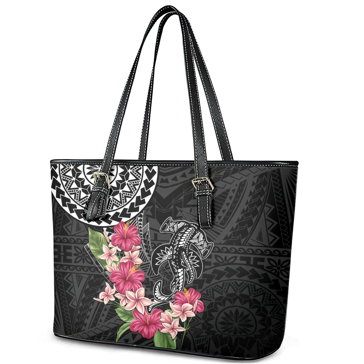 Black Polynesian Hammerhead Shark Tribal Pattern Leather Tote Bag