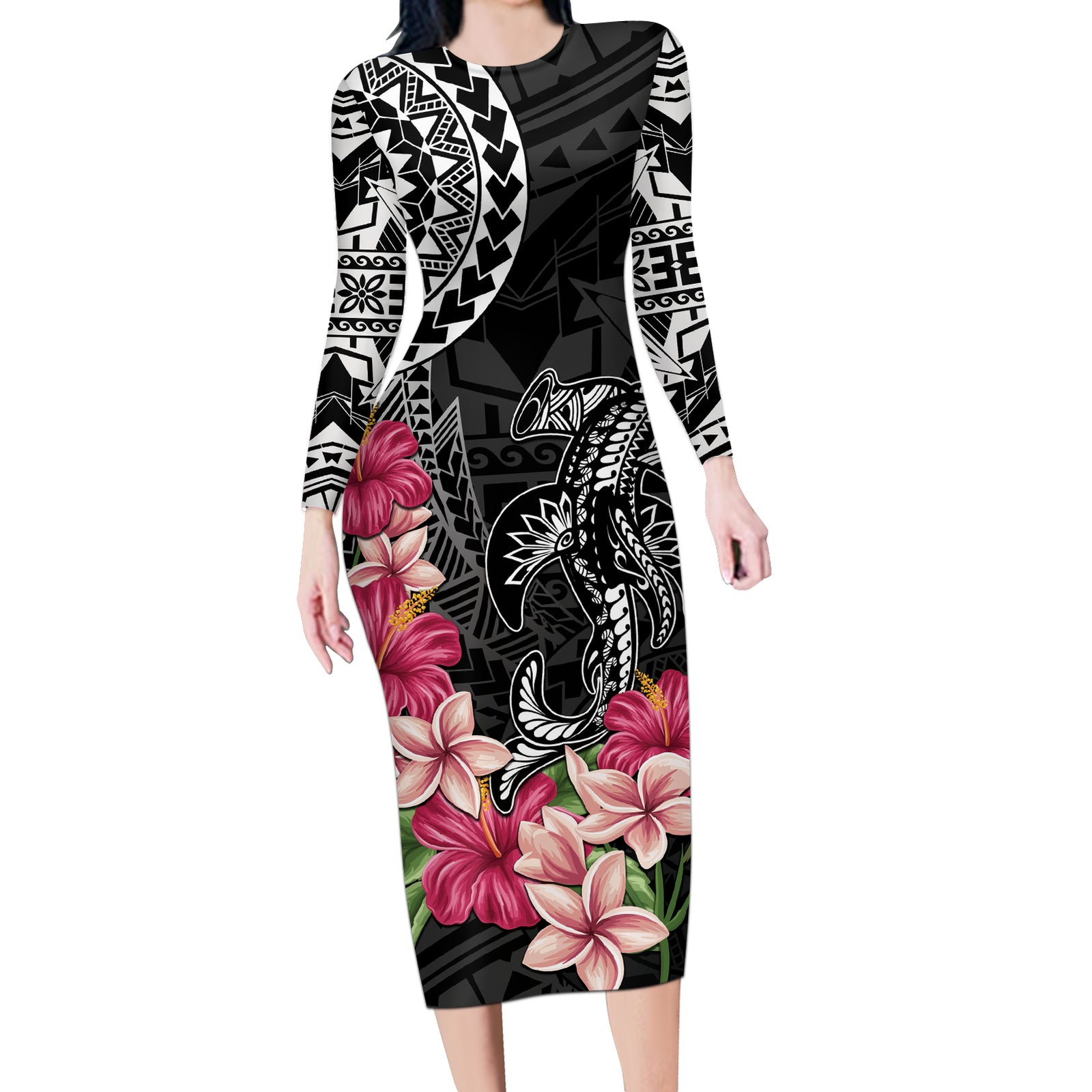 Black Polynesian Hammerhead Shark Tribal Pattern Long Sleeve Bodycon Dress LT05 Long Dress Black - Polynesian Pride