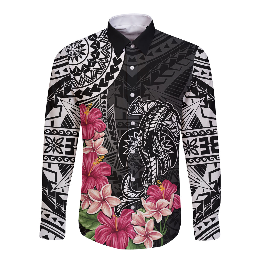 Black Polynesian Hammerhead Shark Tribal Pattern Long Sleeve Button Shirt LT05 Unisex Black - Polynesian Pride