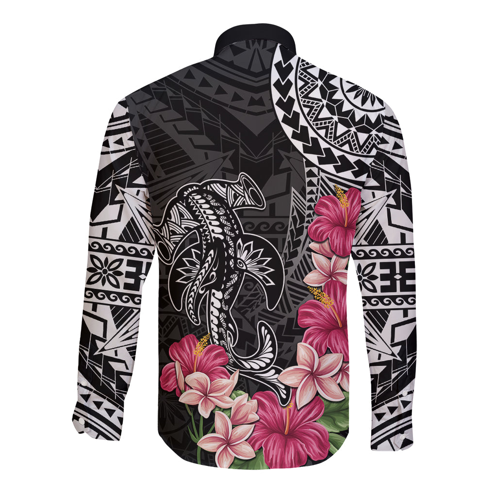 Black Polynesian Hammerhead Shark Tribal Pattern Long Sleeve Button Shirt